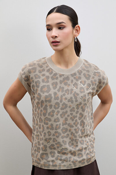 Serianno Leopar Baskılı Varak Detaylı Kazak