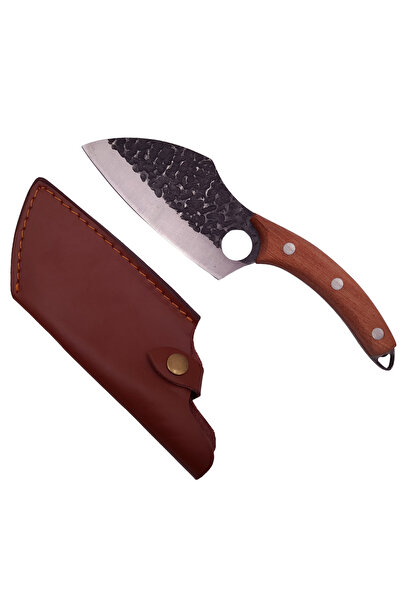 Depox Japonský sekáček na řezivo, ručně kovaný, full tang 27 cm, nerezová ocel, dřevěná rukojeť, kožené pouzdro