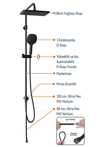 Adell Mode S Rain Duş Sistemi -Mat Siyah
