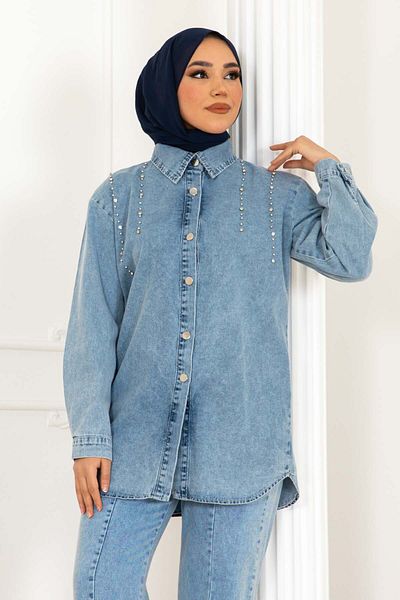 giyze Stone Detailed Jeans Suit with Slit on the Leg Blue 370-1