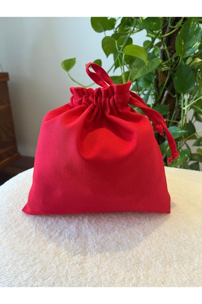 MEKİK BUTİK Червена екологична ленена мини чанта от плат - органайзер за чанти с връзки - несесер за гримове - 20x20