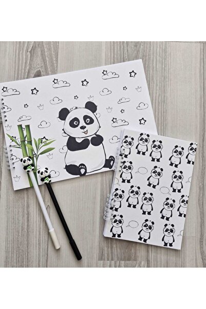 ETİKETİM Panda Temalı Resim Defteri - A5 Defter Çizgili ve 2 Jel Kalem