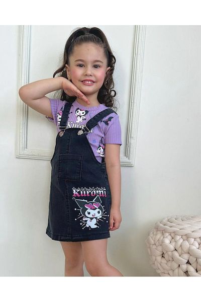 Miss Esilay Boutique Girl's Kuromi Printed Thsort Denim Gilet Salopet Set