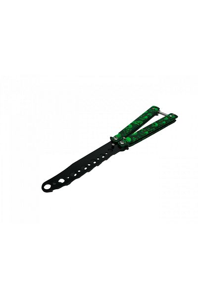 Depox Cuțit fluture IdeallStore®, Happy Green Skulls, pentru antrenament, 22 cm