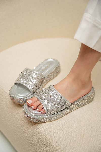 LAMİNTA Bubble Silver Sequin Women's Slippers