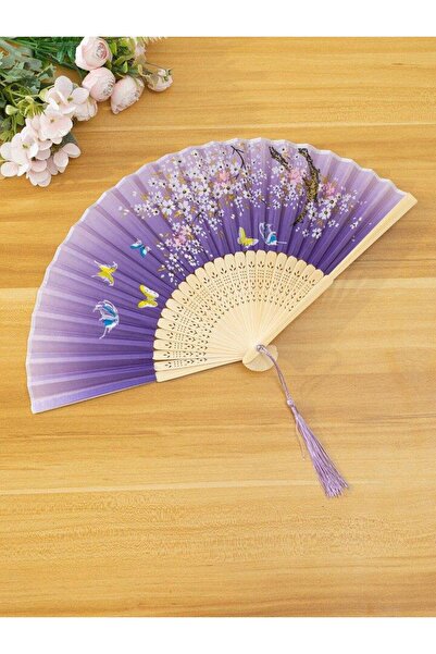 BELUGA Yelpaze Bambu Vintage Mor Kelebekli Bahar Dalı Desenli Şık Püsküllü Ja...