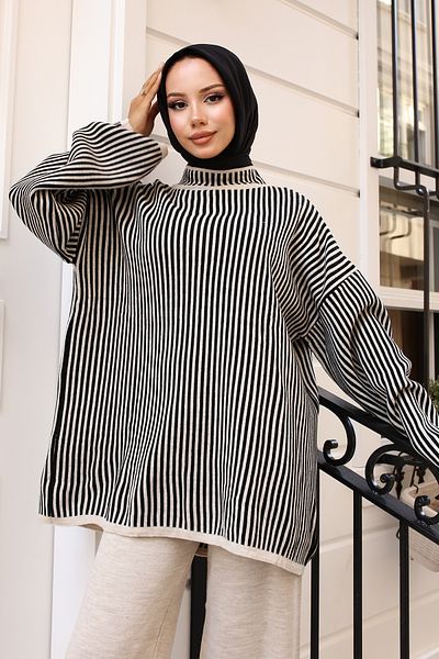 giyze Vertical Striped Knitwear Suit Stone Color 24005
