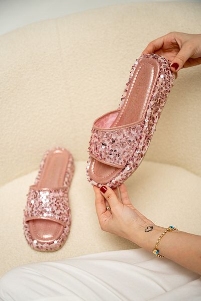 LAMİNTA Bubble Candy Pink Sequin Women's Slippers