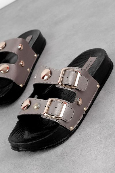 Lal Shoes & Bags Papuci rotunzi de damă cu benzi duble decorate cu metale