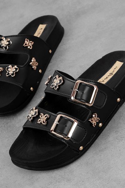 Lal Shoes & Bags Women's Double Striped Flower Detailed Slippers-Black