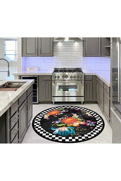 Brillant Çiçekli Damalı Yuvarlak Lateks Taban Saçaksız Mutfak Halısı