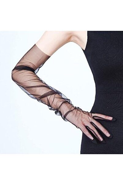 UZAY ONLİNE Long Length Lycra Black Adult Mega Tulle Gloves