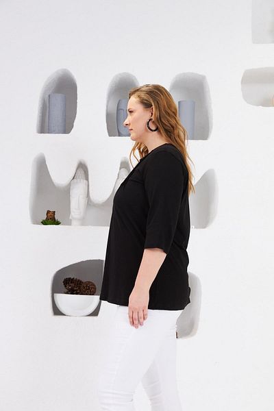RMG Large Size Black Blouse - Ribbed Collar