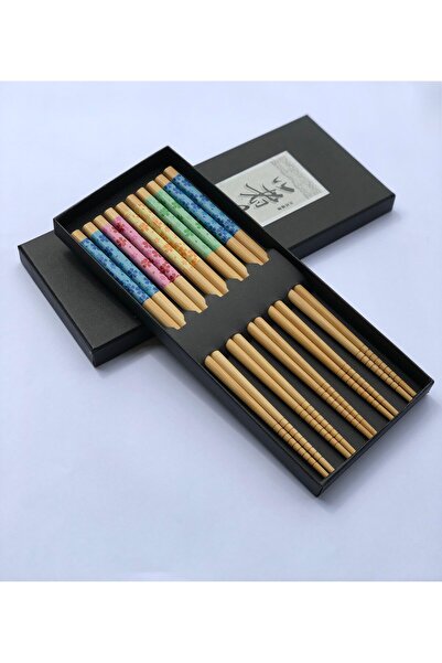 Tam Seramik Japon Bambu Chopstick Çiçekli Set 5 Çift Kutulu