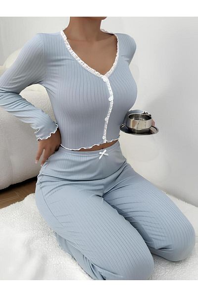 MH Moony Homewears Set de pijamale moale din twill albastru
