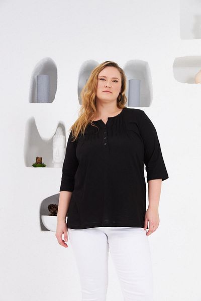 RMG Large Size Black Blouse - Ribbed Collar