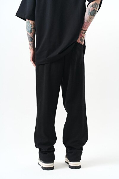 Respire Men's Oblique Stripe Detailed Interlock Baggy Sweatpants Black