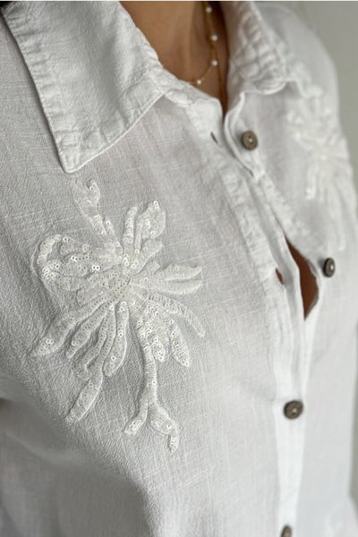 FEMELLE Women's White Sequin and Embroidery Embroidered Linen Shirt