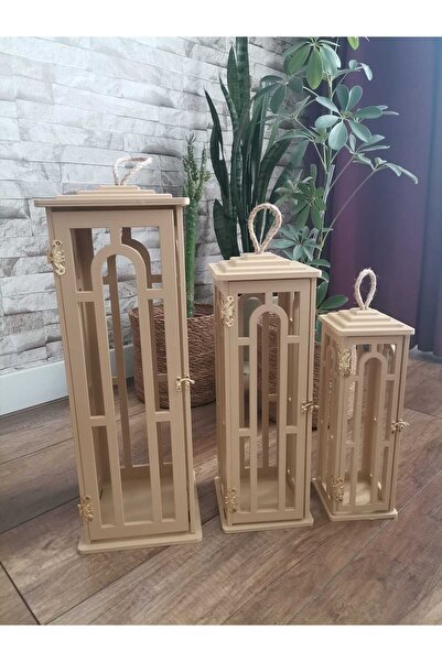 CNR 3'LÜ AHŞAP FENER MUMLUK (M24-BEJ)