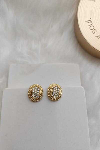 KYOLA DESİGN Taşlı Oval Gold Kadın Küpe