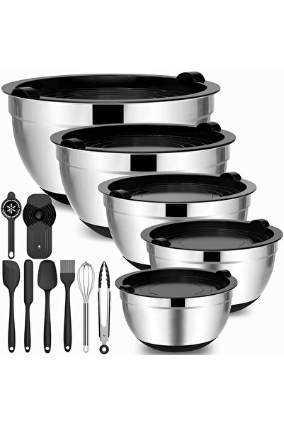 sharpdo مجموعة أوعية سلطة للخبز والخلط من الفولاذ المقاوم للصدأ 304 مع غطاء