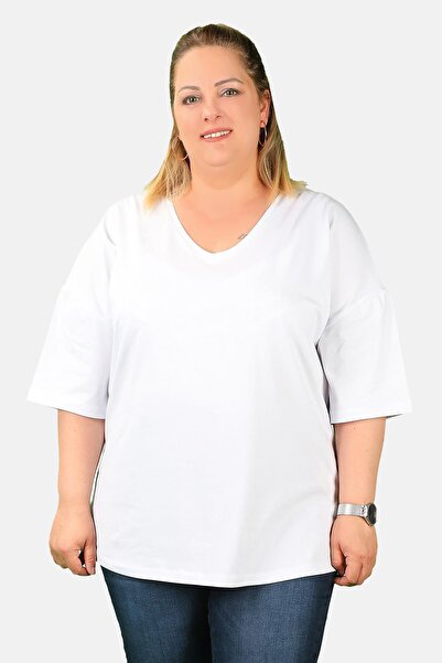 BALİNS Büyük Beden Kadın V Yaka Viskon Tişört Beyaz
