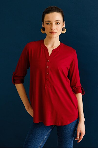 Desen Triko Women's Buttoned Combed Cotton Blouse with Opening Collar and Cherry