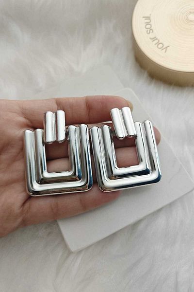 KYOLA DESİGN Big Stripe Square Silver Color Women Earrings