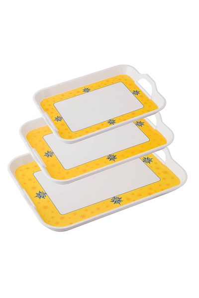 Dania White melamine tray set with brightly colored embossed patterns for all occasions, 3 different sizes