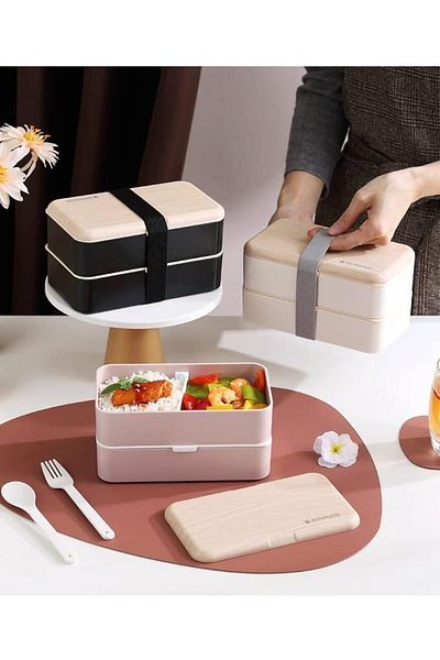 fulina 1.2L Lunch Box, Wooden Style, Leak Proof, Double Layer Design,for Hiking, Climbing
