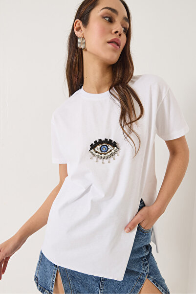 Bianco Lucci Γυναικείο κοντομάνικο μπλουζάκι με παγιέτες και λεπτομέρεια με σκίσιμο 60602029