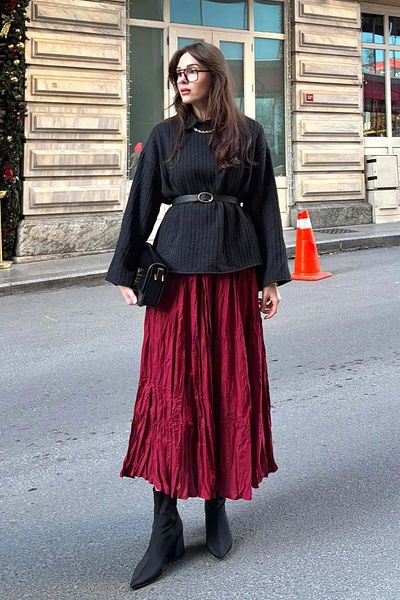 Melike Tatar Burgundy Crinkle Voile Skirt 3-3022 (Without Belt)