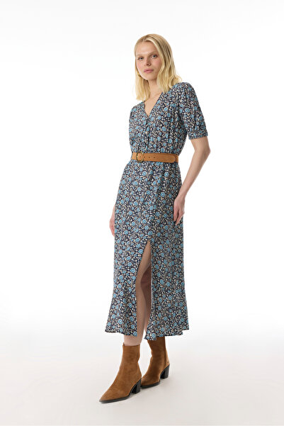 Mudo ETNİK BASKILI YIRTMAÇLI MİDİ ELBİSE