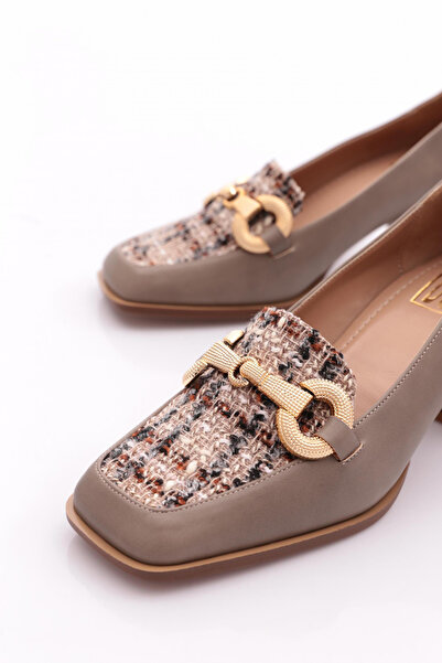 DGN Women's Square Toe Textile Metal Buckle Short Heel Shoes Mink Skin 234462859