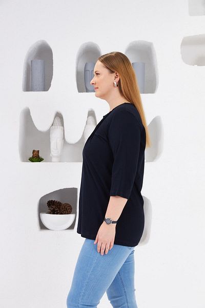 RMG Navy Blue Large Size Blouse Collar Ribbed