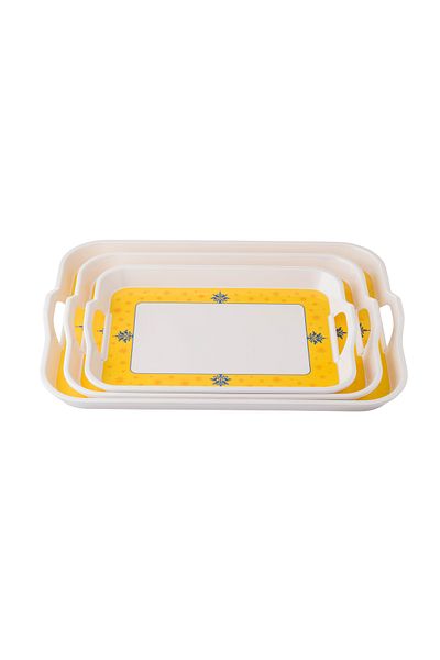 Dania White melamine tray set with brightly colored embossed patterns for all occasions, 3 different sizes