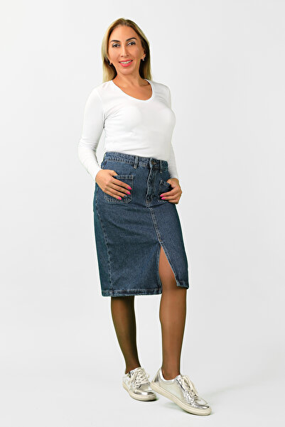 BALİNS Kadın Önden Cepli Kot Etek Mavi