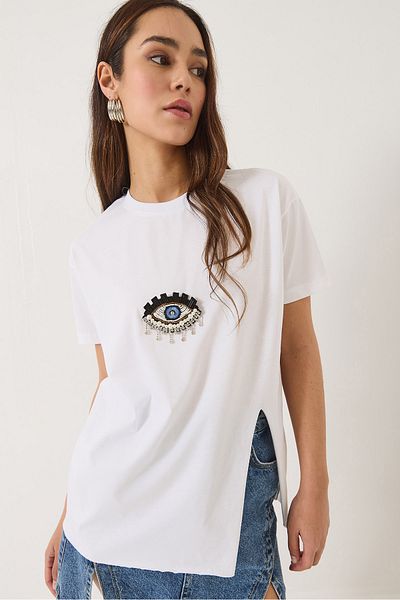 Bianco Lucci Damen-T-Shirt mit Pailletten und Pailletten-Accessoires und Schlitz-Detail, kurzärmelig 60602029