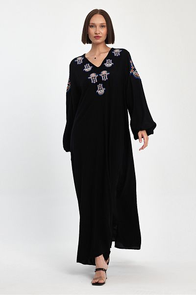 Denismoda Rochie lungă din viscoză pentru femei, cu decolteu în V, cu mâneci cu balon