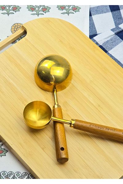 HomeTarz Gold Measuring Spoon Set with Wooden Handle - 2 Coffee Measuring Spoons - 30 + 60 ml