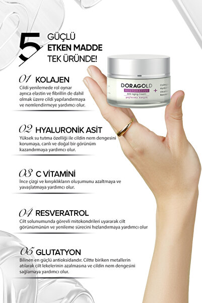 Doragold Yaşlanma Kırışıklık Leke Karşıtı Resveratrol Glutatyon C Vitamini Hyalüronik Asit Kolajen Krem 45ml