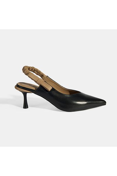 Desa Women's Black Bow Detailed Rubber Band Leather Heeled Shoes
