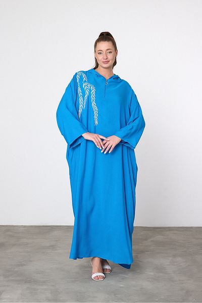 Denismoda VPV037 Γυναικείο κέντημα με κουκούλα Λεπτομέρεια Plus Size Αυθεντικό Φόρεμα ΜΠΛΕ