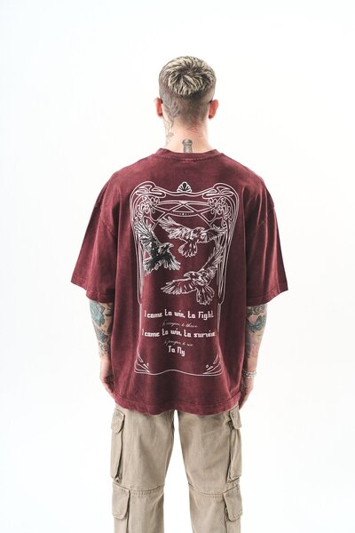 Respire Мъжка тениска с щампа To Fly, изпрана, овърсайз, бордо червена