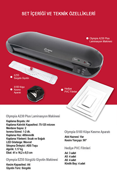 Olympia A230 PLUS 4in1 Set Laminasyon Makinesi (A4) Ve Hediye 15 Adet PVC Filmi