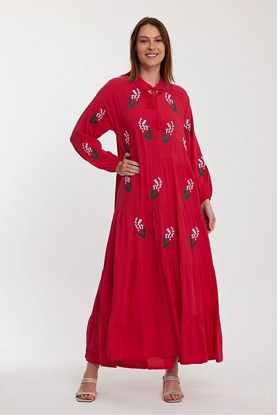 Denismoda VP926 Κέντημα Λεπτομερές Δικαστής Γιακάς Μακρύ Φόρεμα Βισκόζης ΡΟΖ