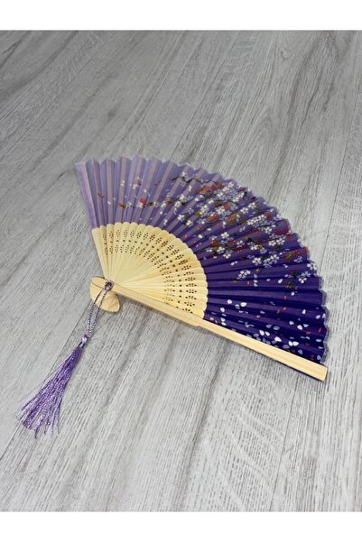 Genel Markalar Yelpaze Bambu Vintage Mor Çiçekli Şık Püsküllü Japon Yelpaze 0341