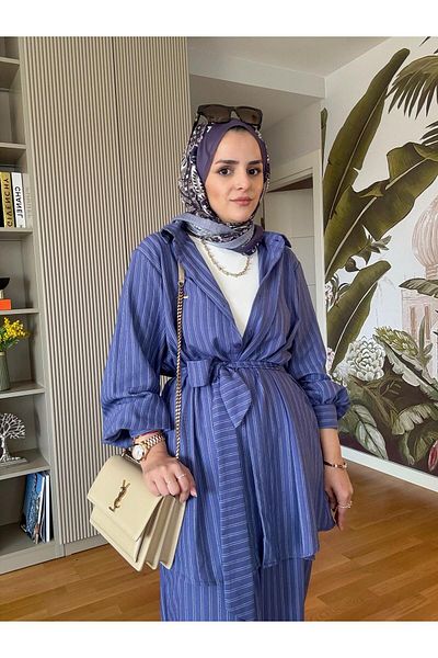 Aselim Hijap Moda Σετ βαμβακερό πουκάμισο με μωβ ριγέ ζώνη