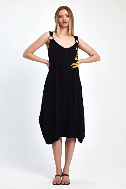 Denismoda Vp1039 Women's Strap Embroidery Detailed Pocket Large Size Dress Black