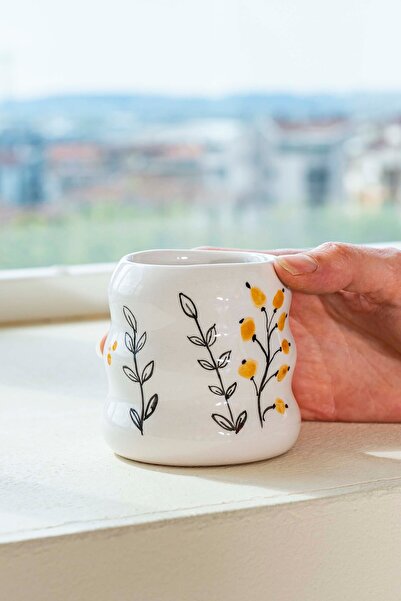 Rivaİstanbul Sarı Çiçekler Amore El Yapımı Seramik Double Kahve Bardağı Mug Kupa